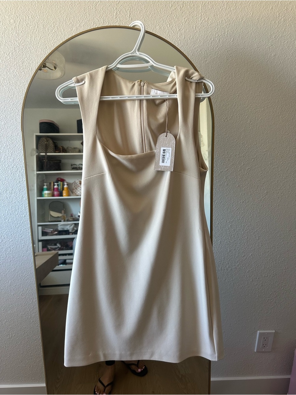 Meshki Beige Mini Dress with Bow-Shoulder Detail
